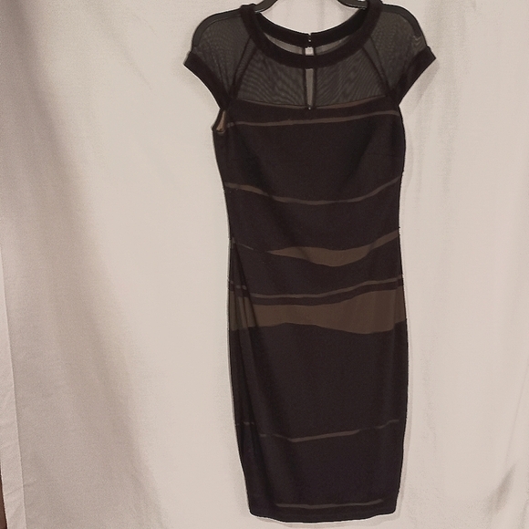 Frank Lyman Black Sheer Overlaying a Tan Lining Sheath Dress - Picture 1 of 8